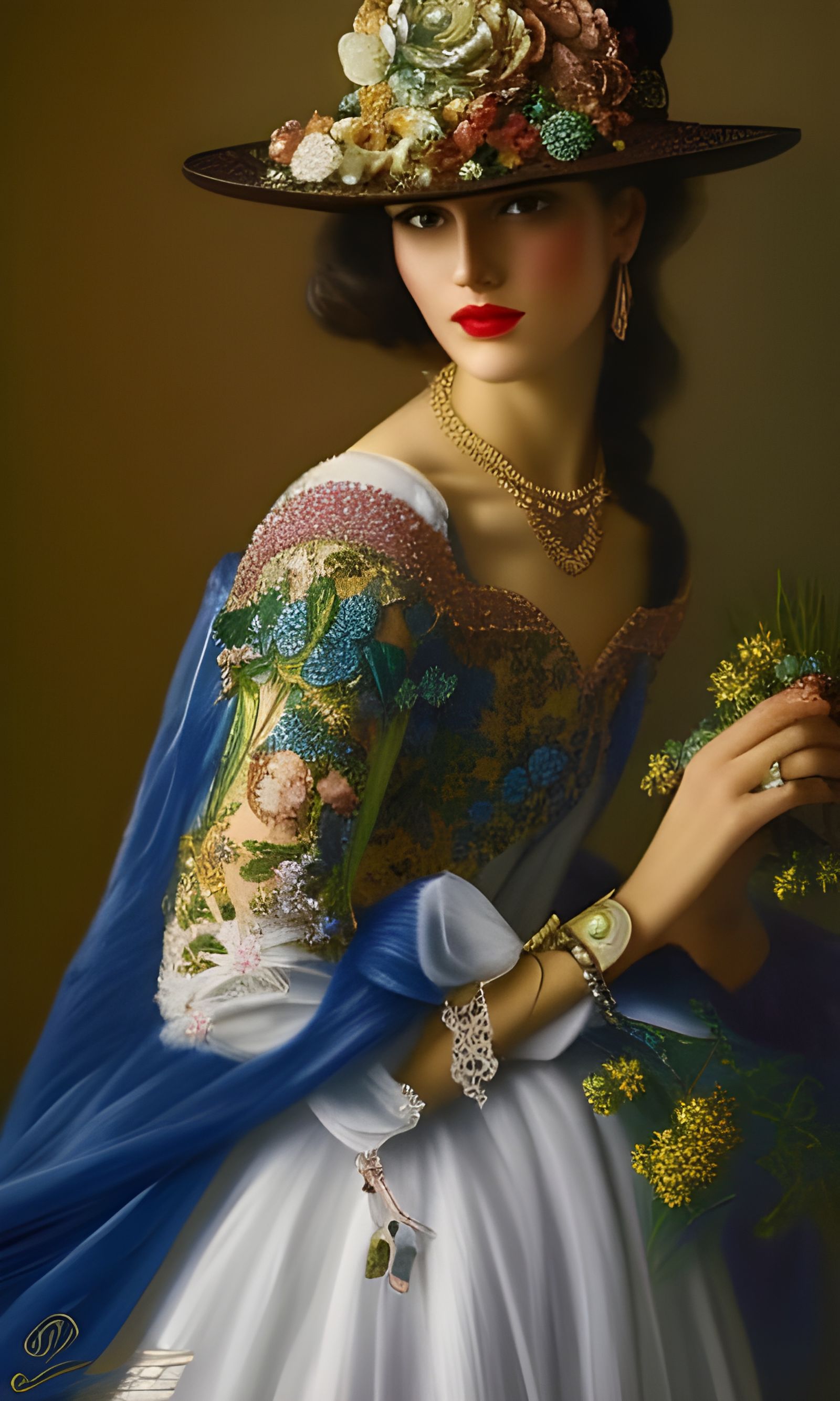 Retro Girl Portrait with Lace and Flowers