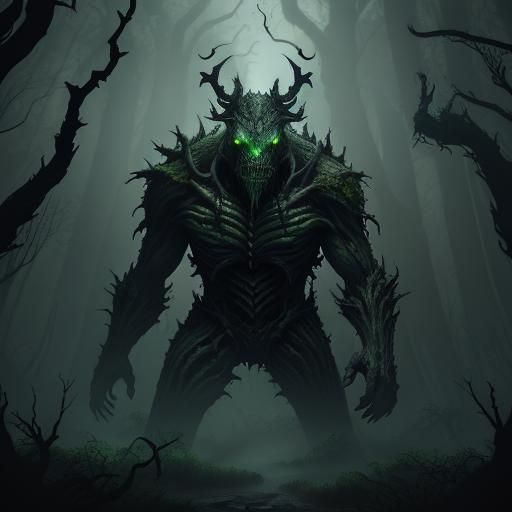 Hollowroot Stalker in Misty Forest: Dark Fantasy Art