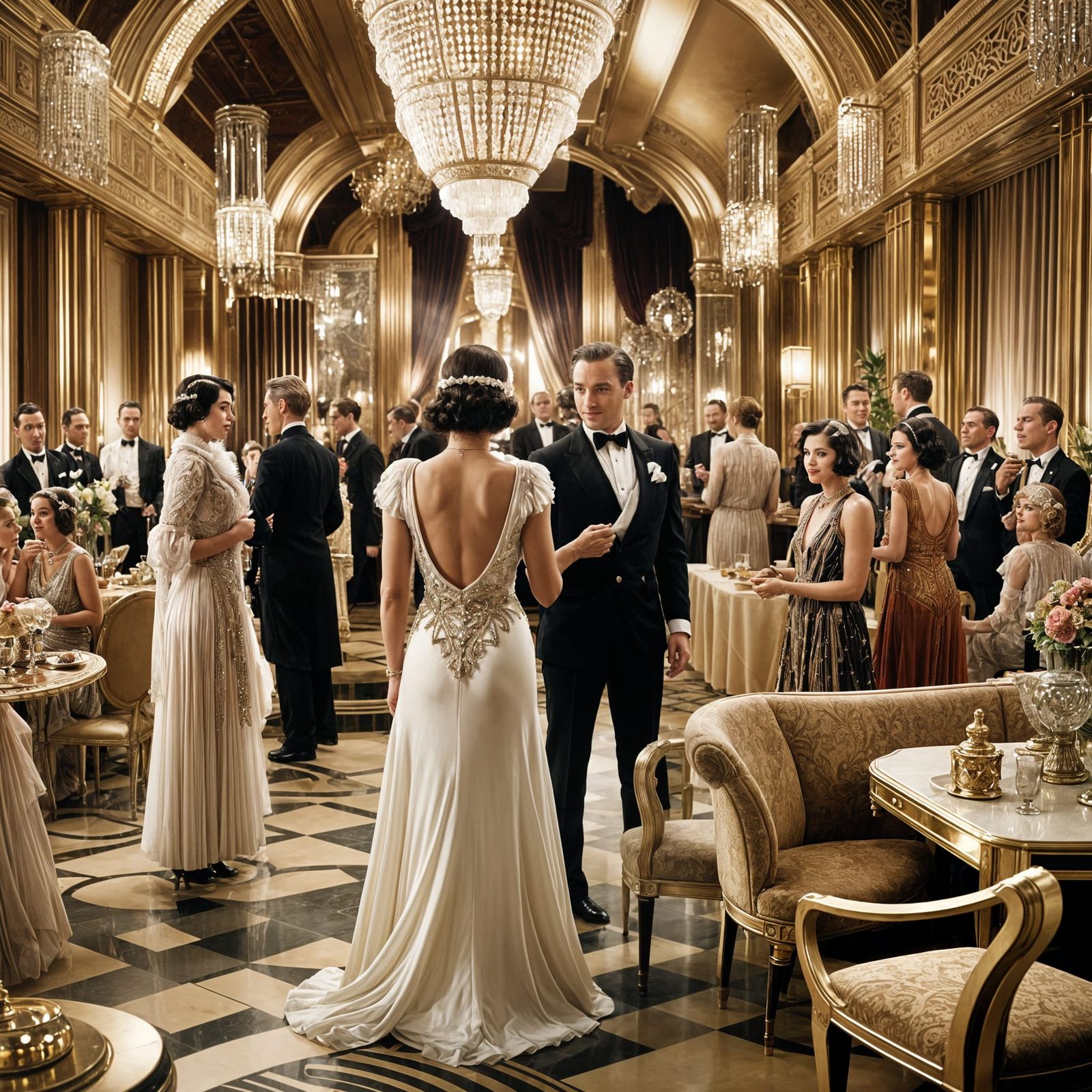 Art Deco Party Scene with Dancing Couple