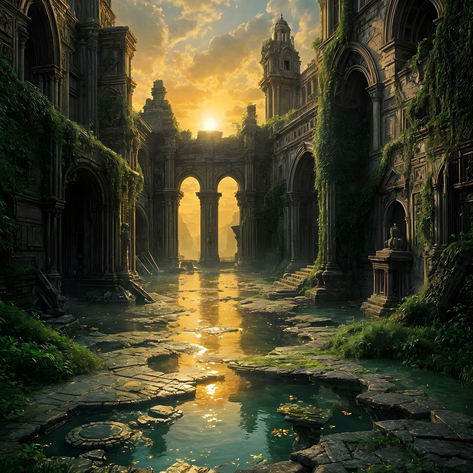 Majestic Ruins Consumed by Vines in a Fantasy Landscape
