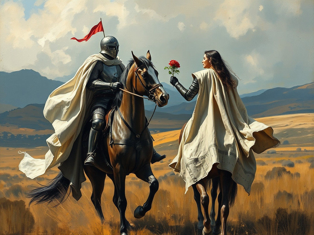 Knights Exchanging Roses in Oil Painting Style