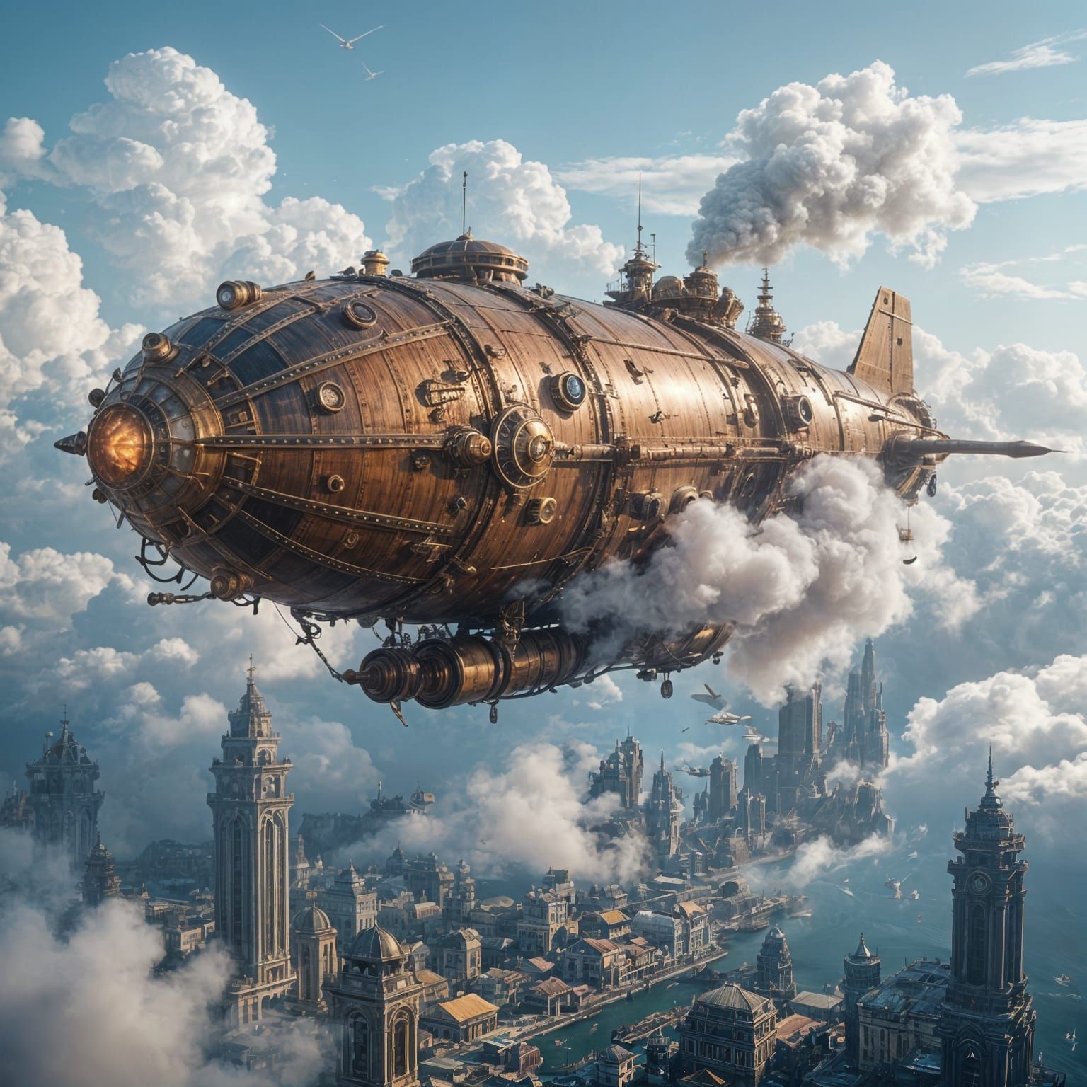 Armored Steampunk Airship Over Coastal City