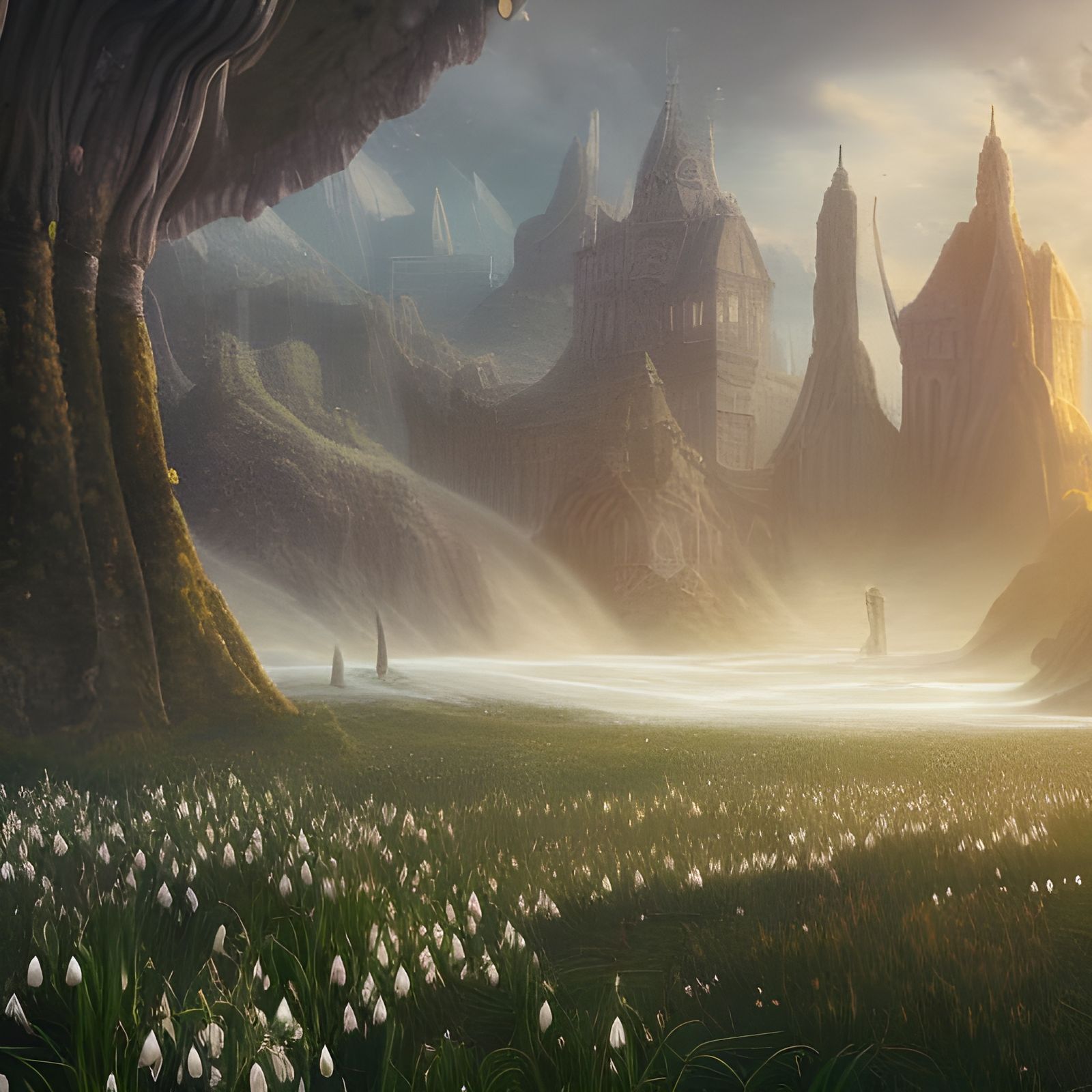 Detailed Snowdrops Matte Painting in Deep Color