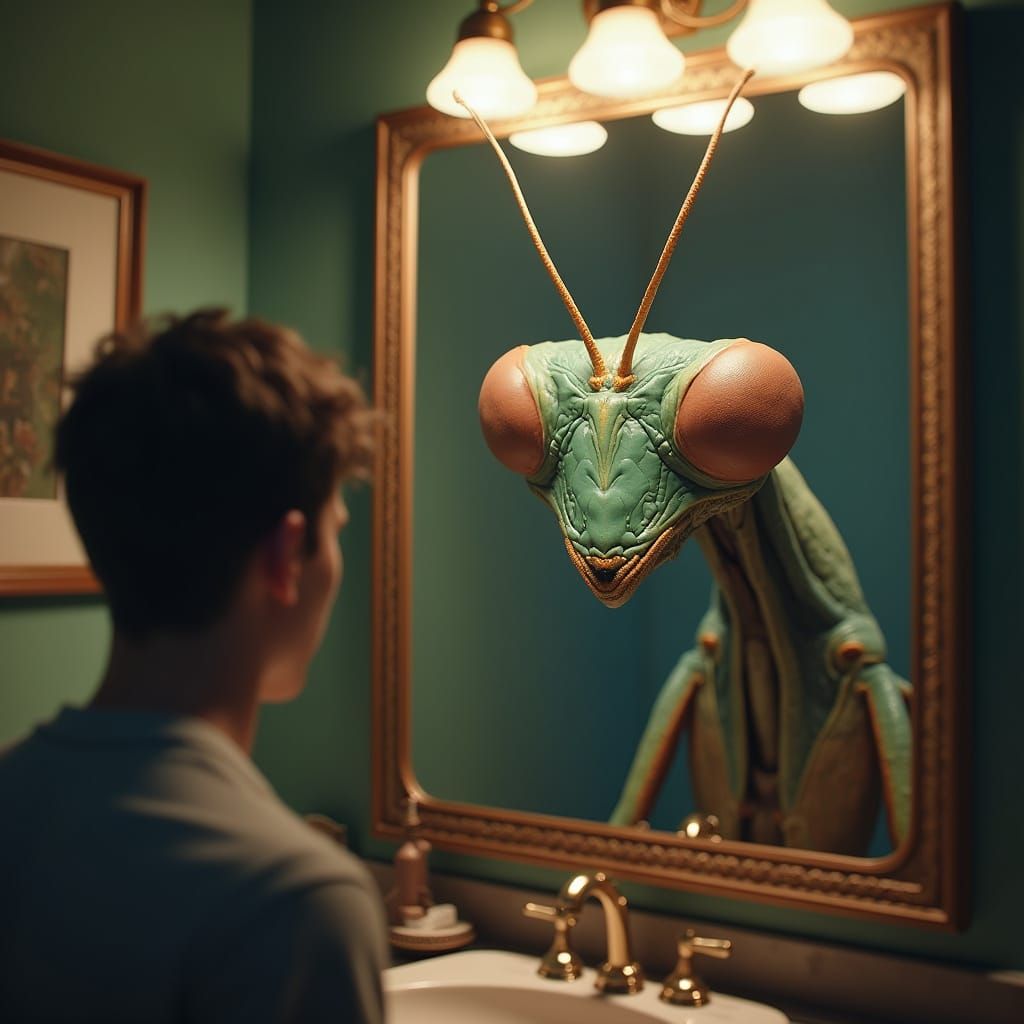Man Sees Giant Mantis God in Bathroom Mirror