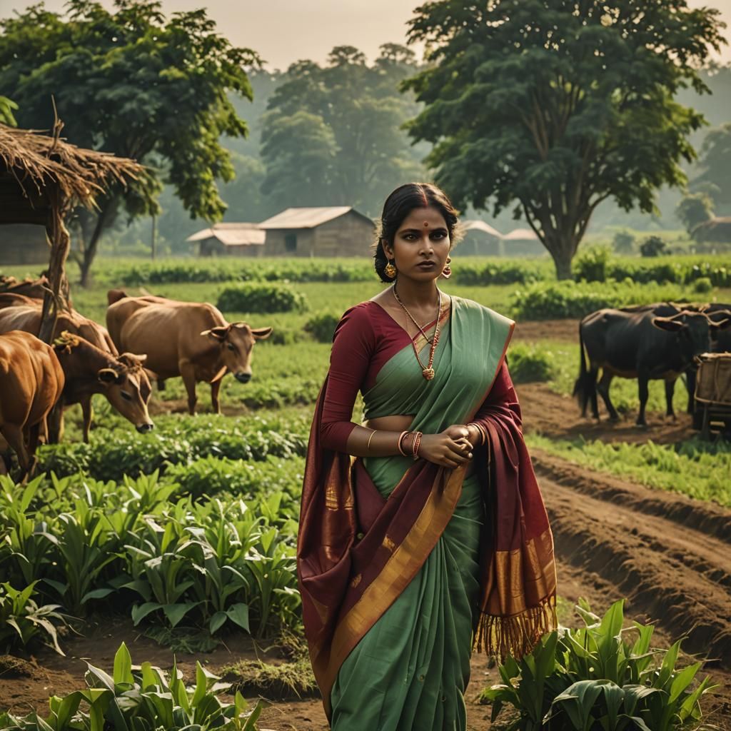 Indian Woman in Saree on Farm: Cinematic Film Still