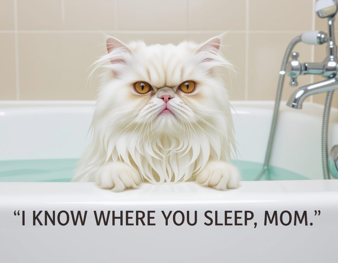 Soaked Persian Cat Gives Stern Look After Bath Time