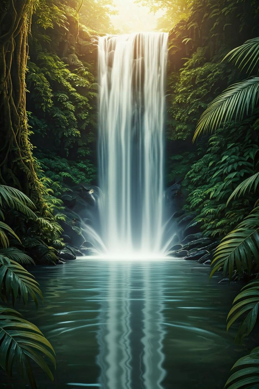 Woman Bathes Under Waterfall in Lush Forest