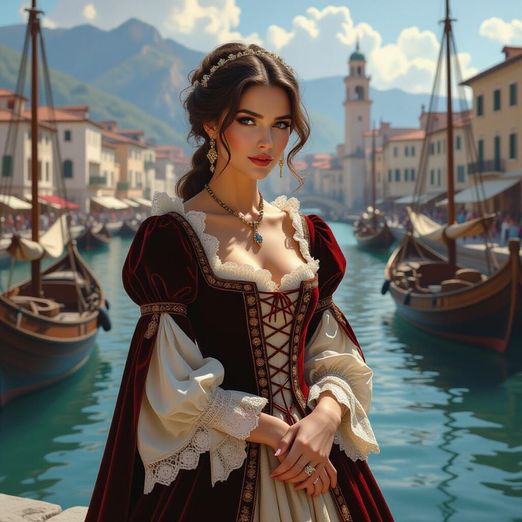 Renaissance Woman in Bustling Italian Harbor, 1473