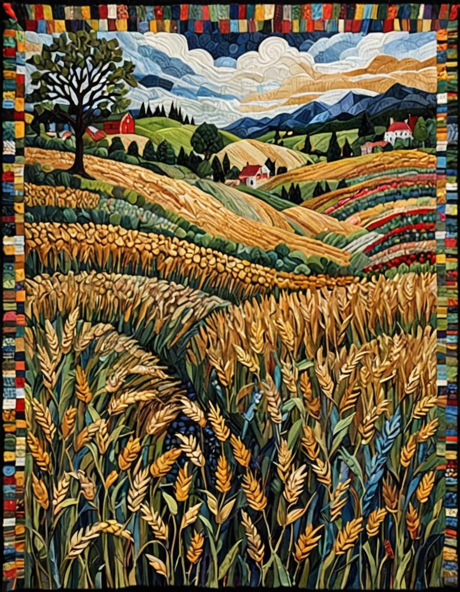 Folk Art Quilt Depicting Wheat Fields with Tattered Edges