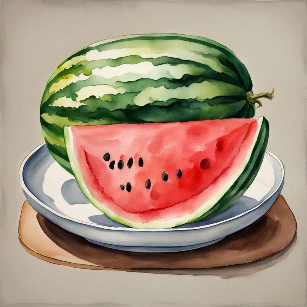 Watercolor Painting of Watermelon Slice on Plate