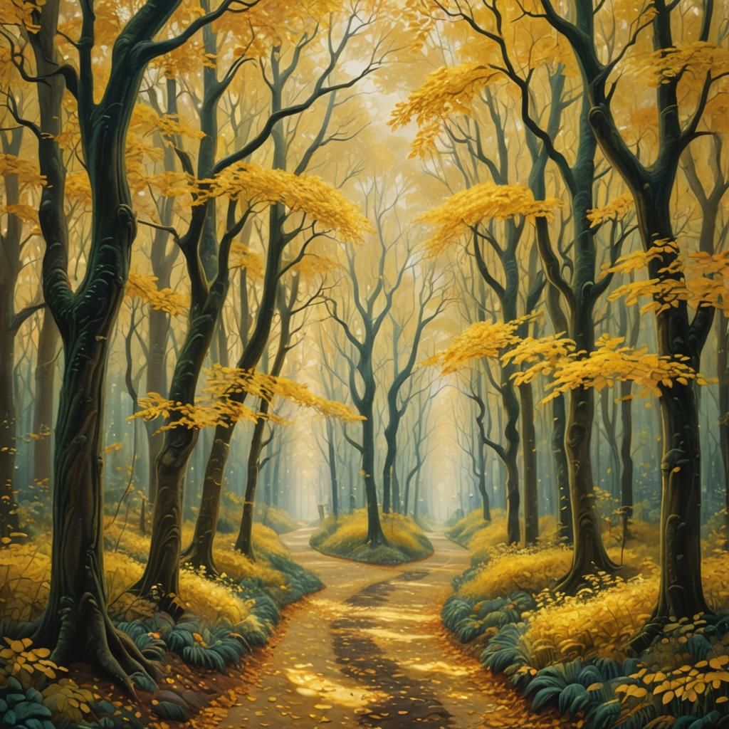 Surreal Yellow Forest Path in Dreamy Style