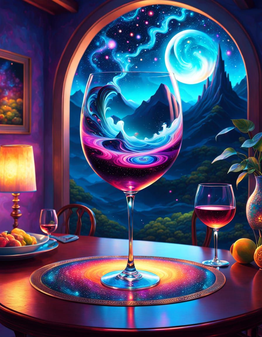 Ethereal Wine Glass in a Swirling Cosmic Universe