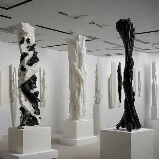 A roomful of sculptures of white opal and black tourmaline.