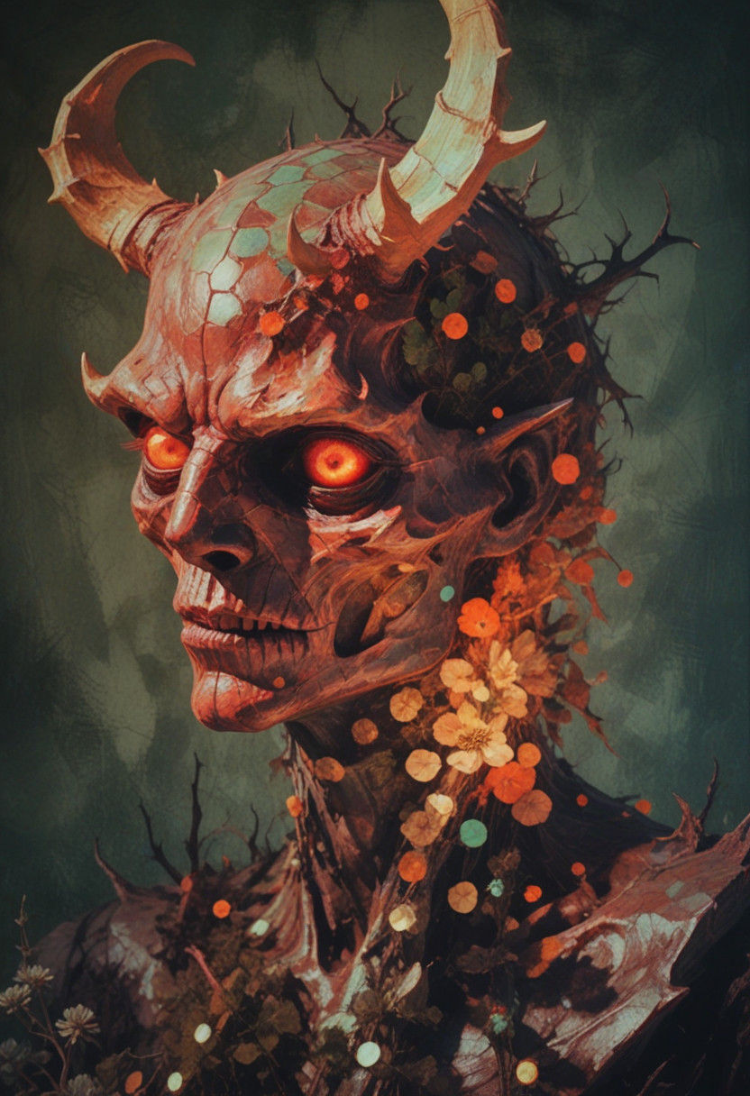 Surreal Balor Wendigo Amidst Prickly Thorns and Vibrant Bloo...