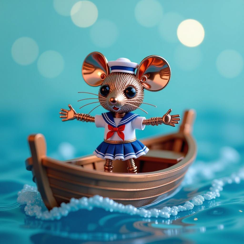 Charming Wire Mouse Sailor on a Wire Boat
