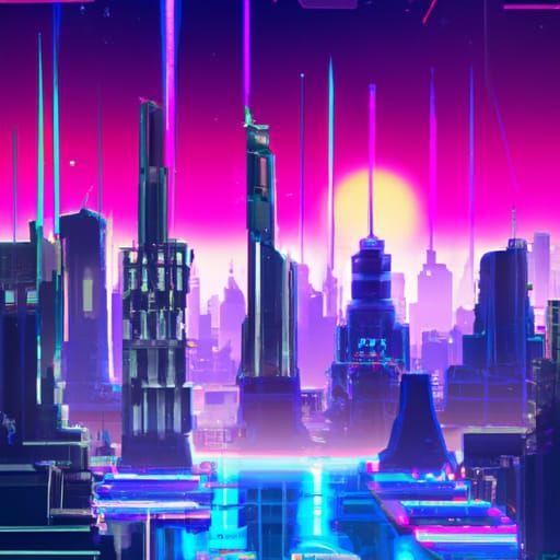 Neon Futuristic Destroyed City in Synthwave Style