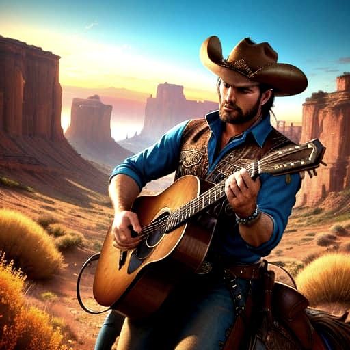 Double Exposure Guitarist with Cowboy Landscape