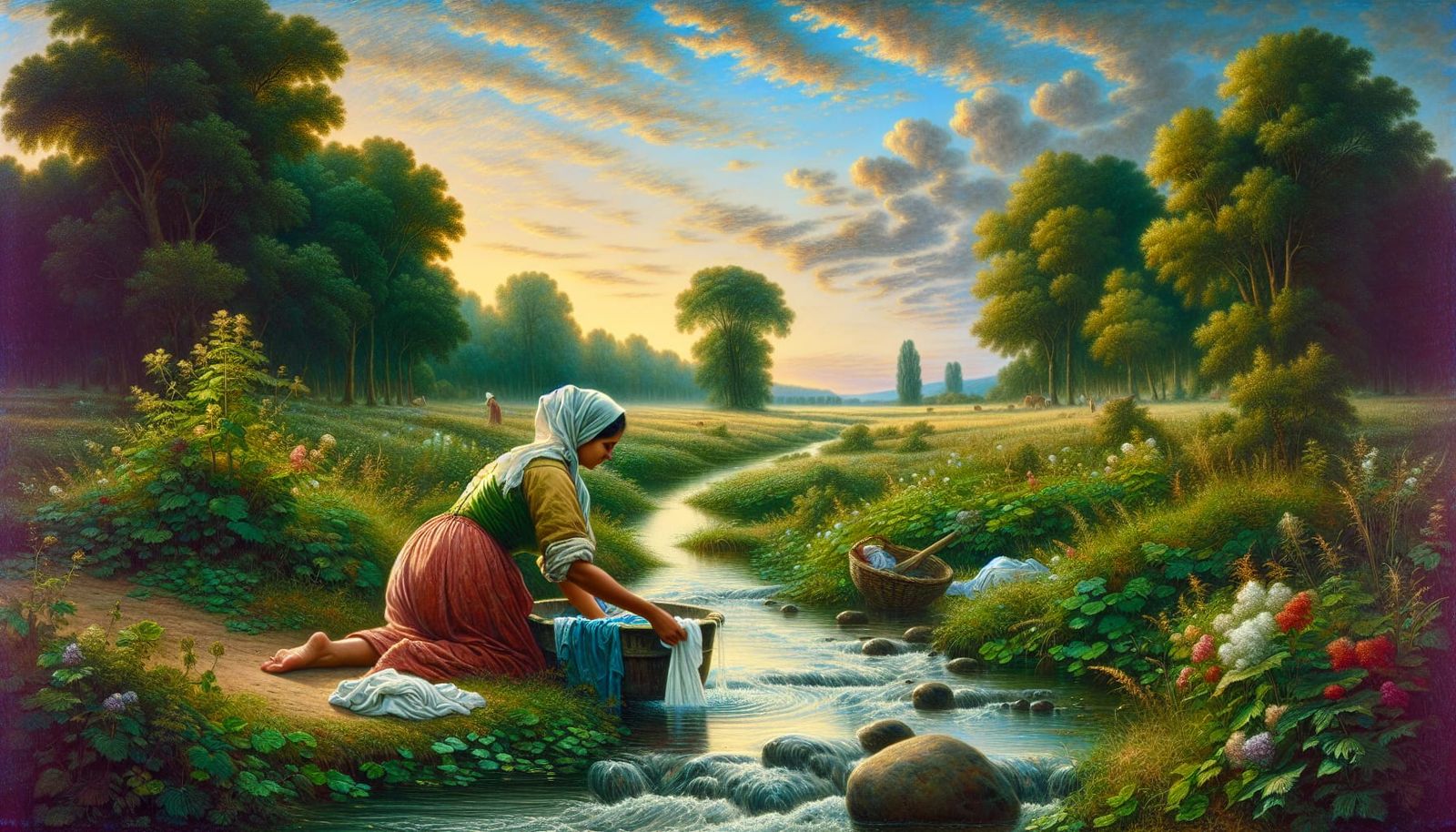 Idyllic Renaissance Landscape with Woman Washing Clothes