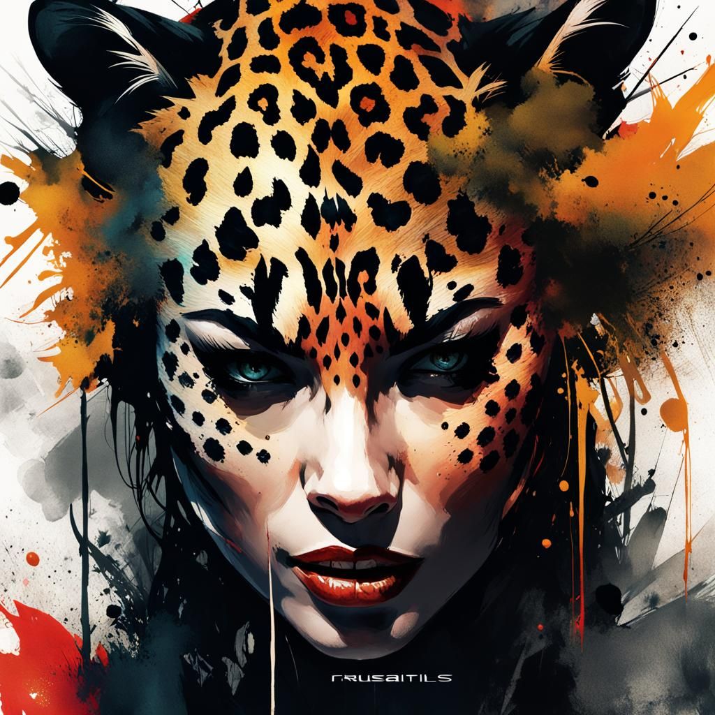 Sinister Leopard Woman Portrait in Watercolour Style