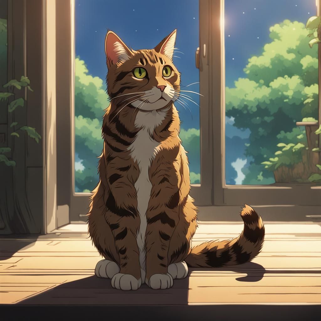 Confused Tabby Cat in Studio Ghibli Anime Style