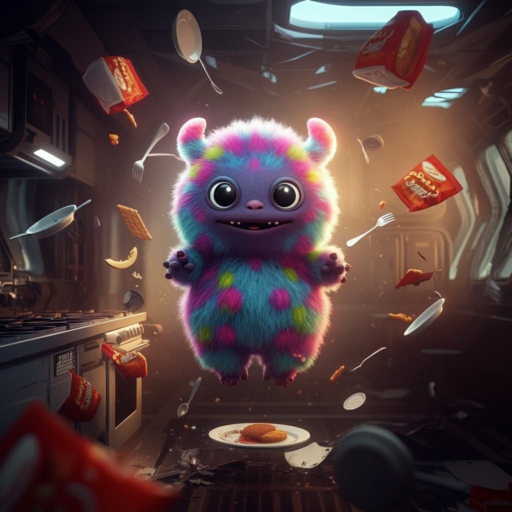 Gritty CGI Chibi Alien Monster in Zero-Gravity Chaos
