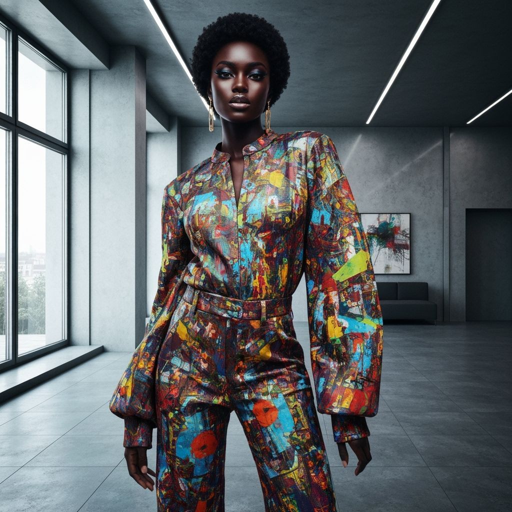 Abstract Fashion: Dark-Skinned Woman in Modern Interior