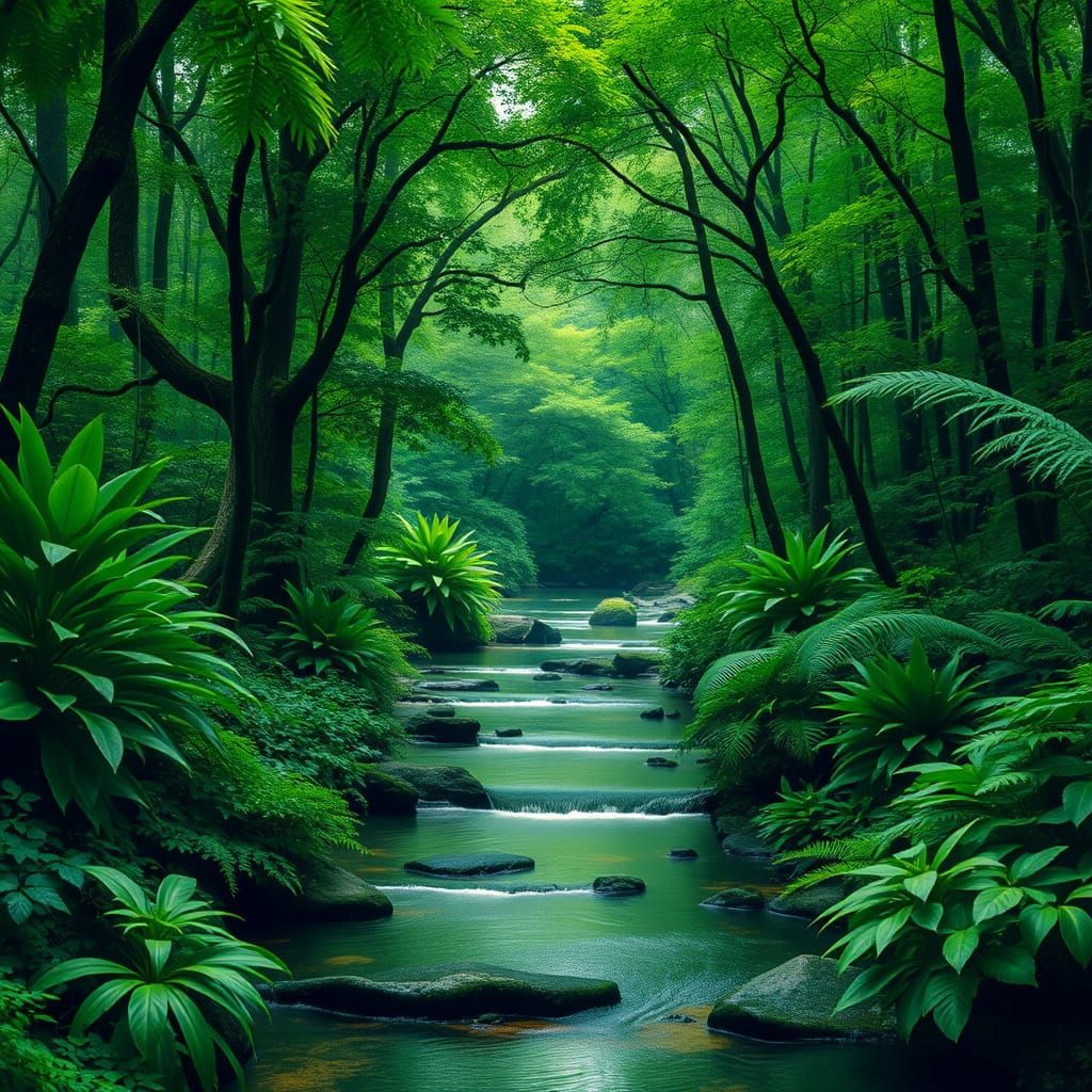 Monochromatic Green Forest River Scene