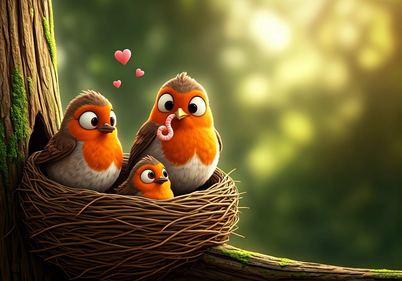 Robin Father Brings Worm to Nest, Pixar-Style