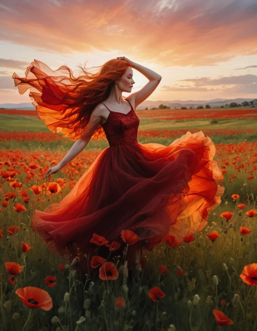 Dancing Woman in Red with Poppies, Alcohol Ink Art