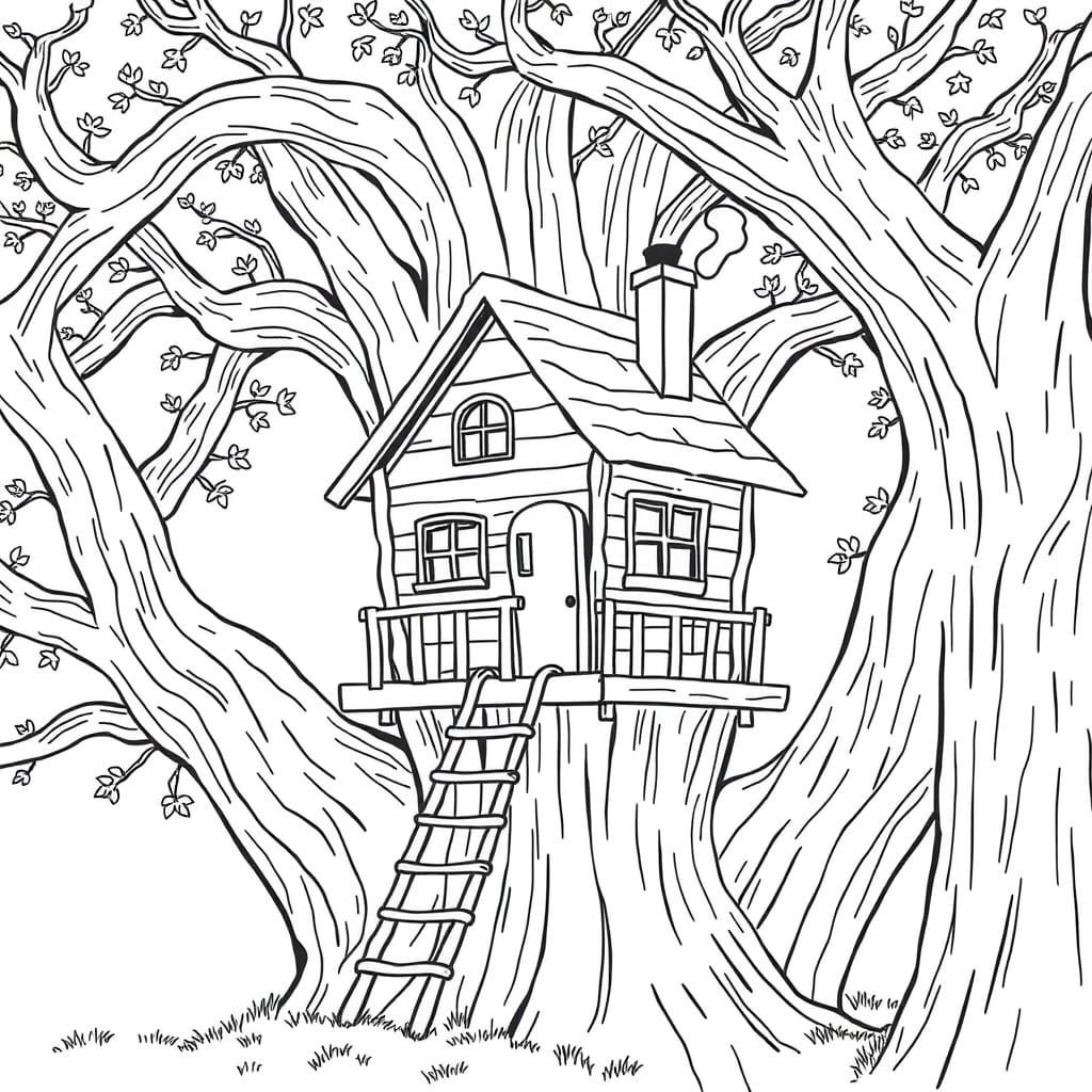 A simple black and white line art coloring book page with NO coloring, featuring a cozy treehouse nestled in the branche...