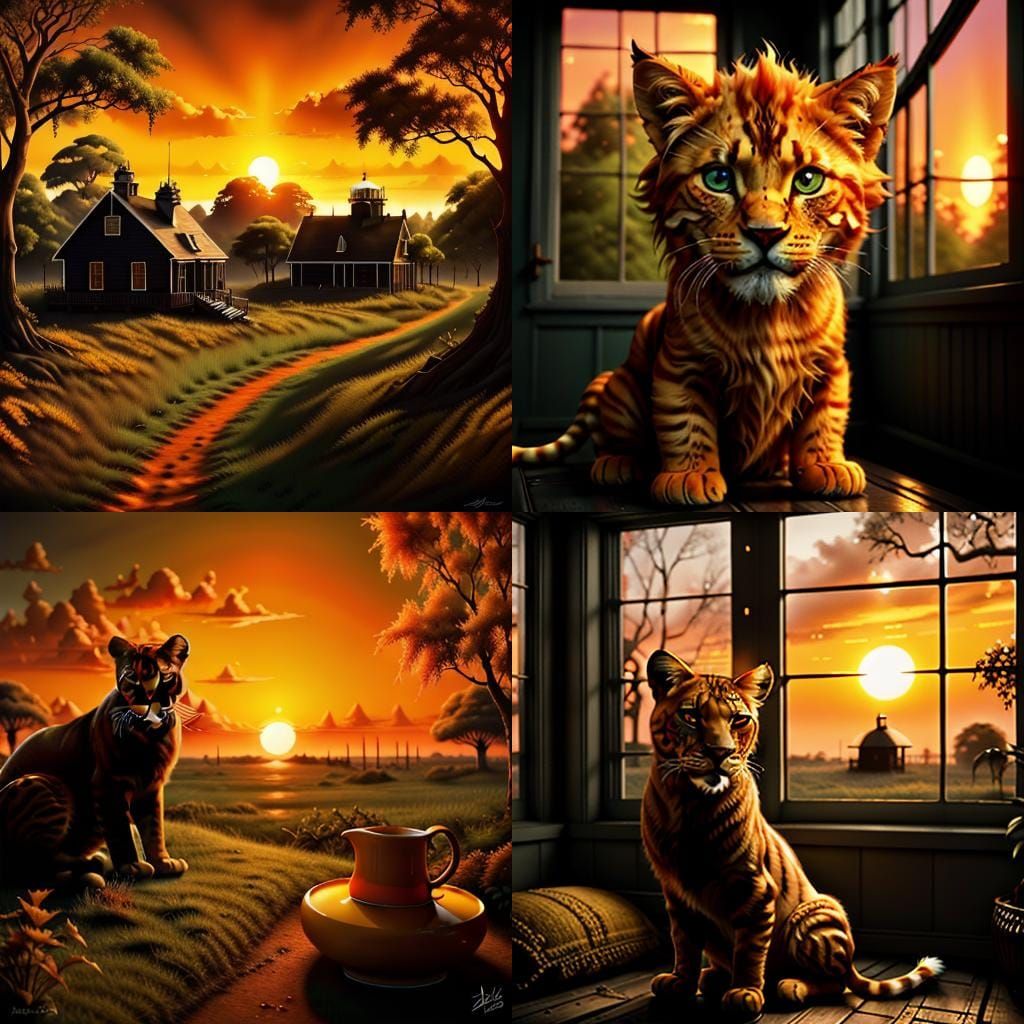 Lion Pride Inside Cat Silhouette at Sunset