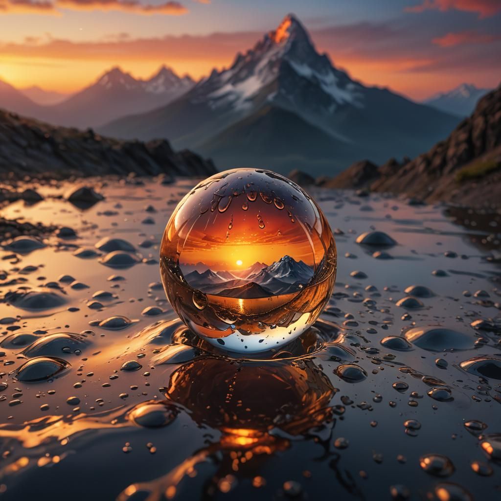 Sunset Mountain Reflected in Water Droplet