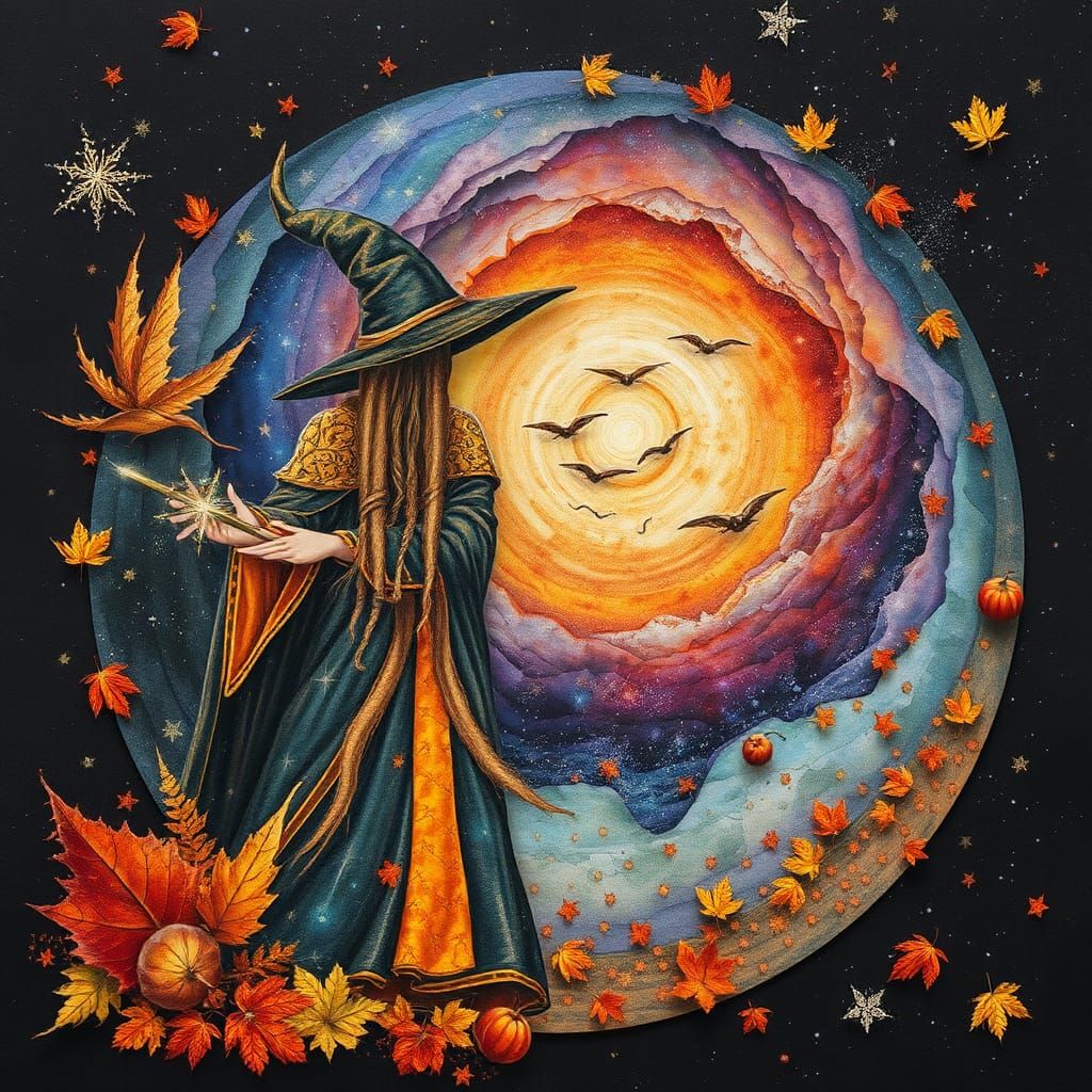 Autumn Spellcaster with Galaxy Spell, Paper Collage Art