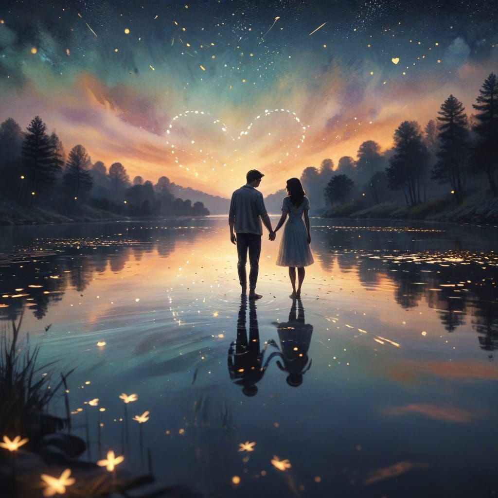 Dreamy Watercolor: Silhouettes by Lakeside with Fireflies