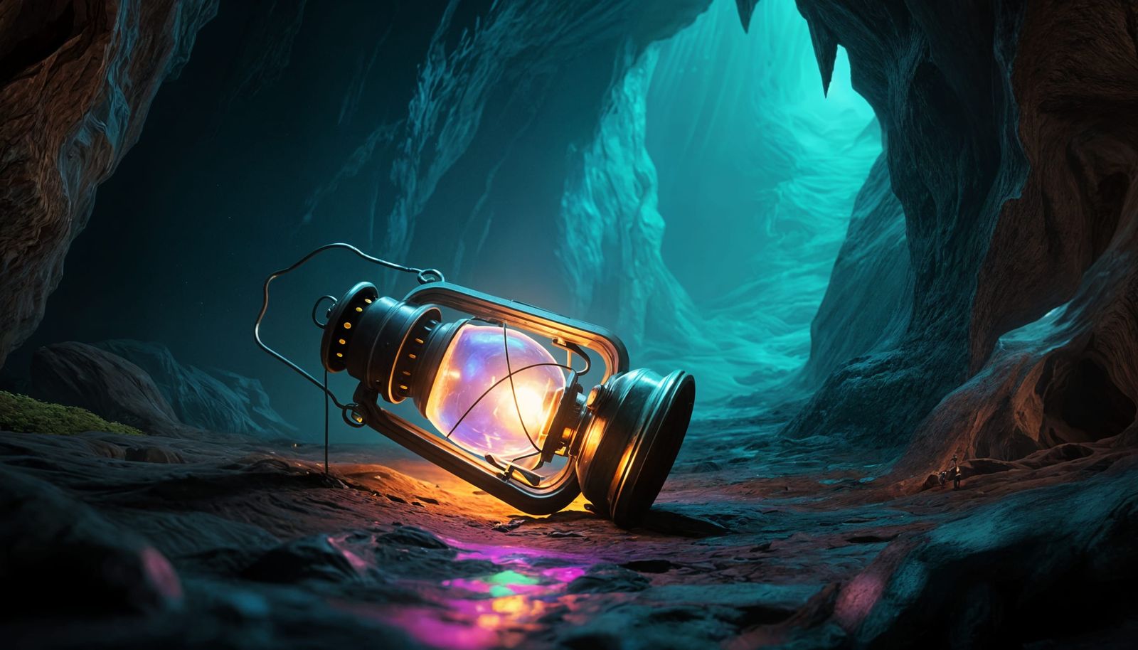 Glowing Lantern in Vast Cave, Photorealistic Concept Art