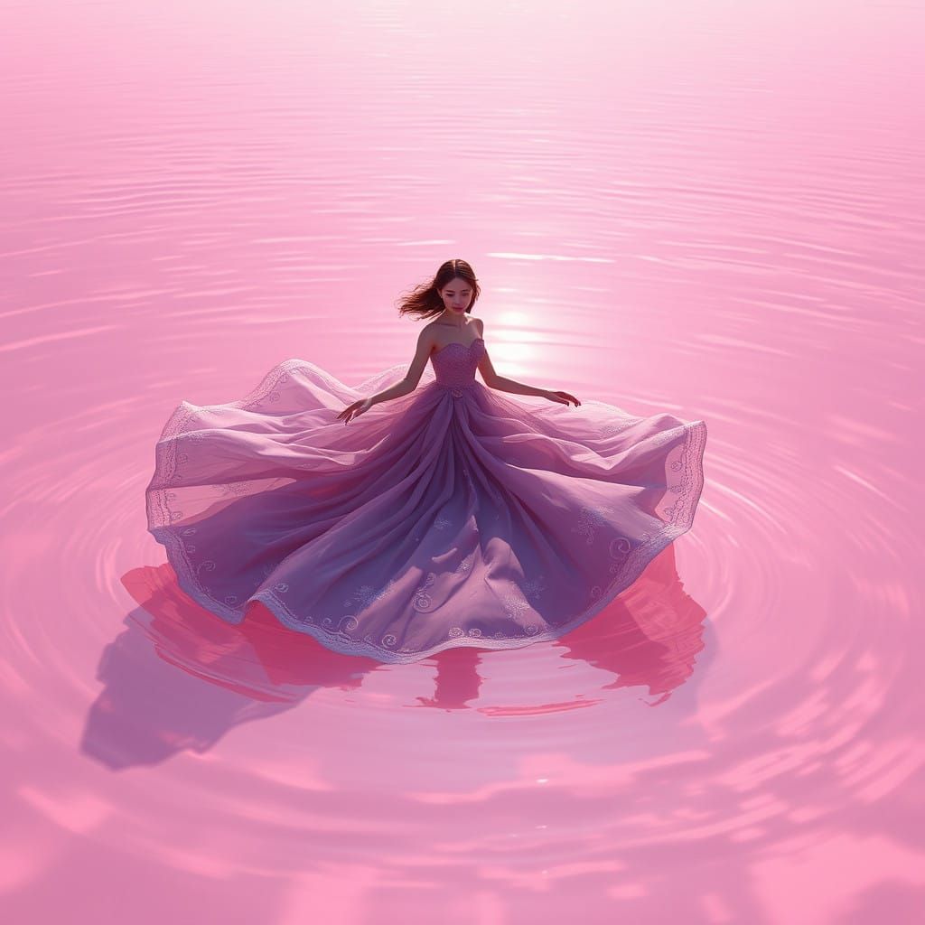 Girl in Lavender Dress Floats on Translucent Pink Lake in Cy...