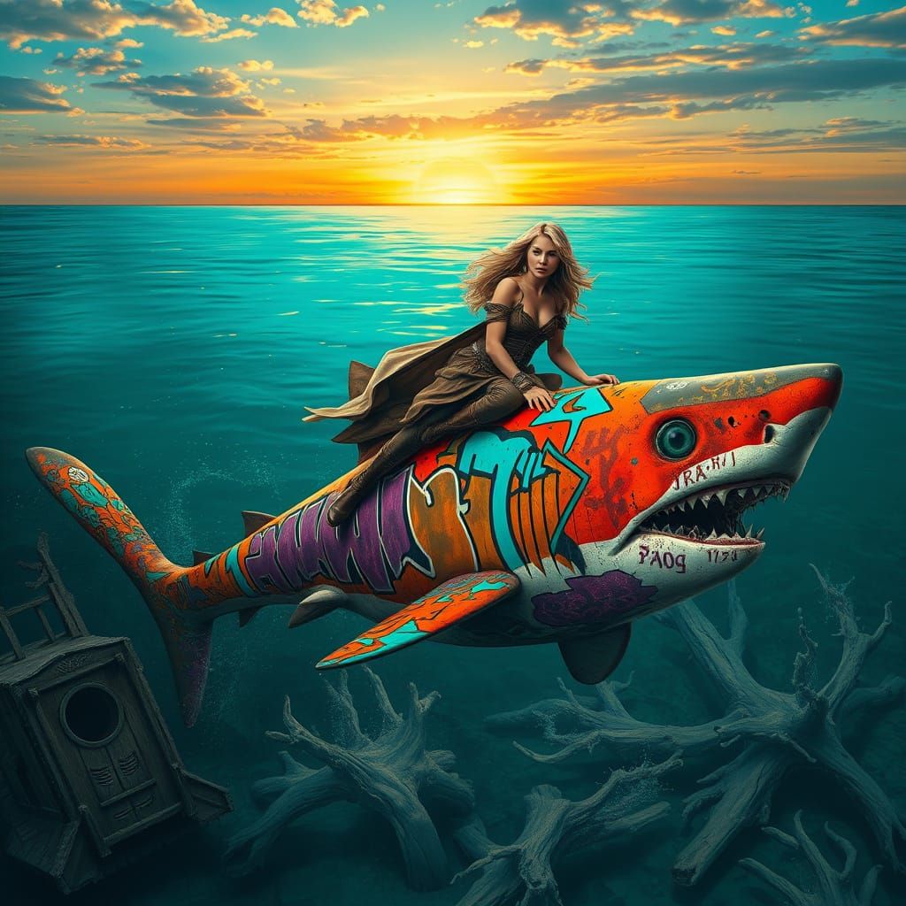 Woman Riding Graffiti Shark Under Sunset Horizon
