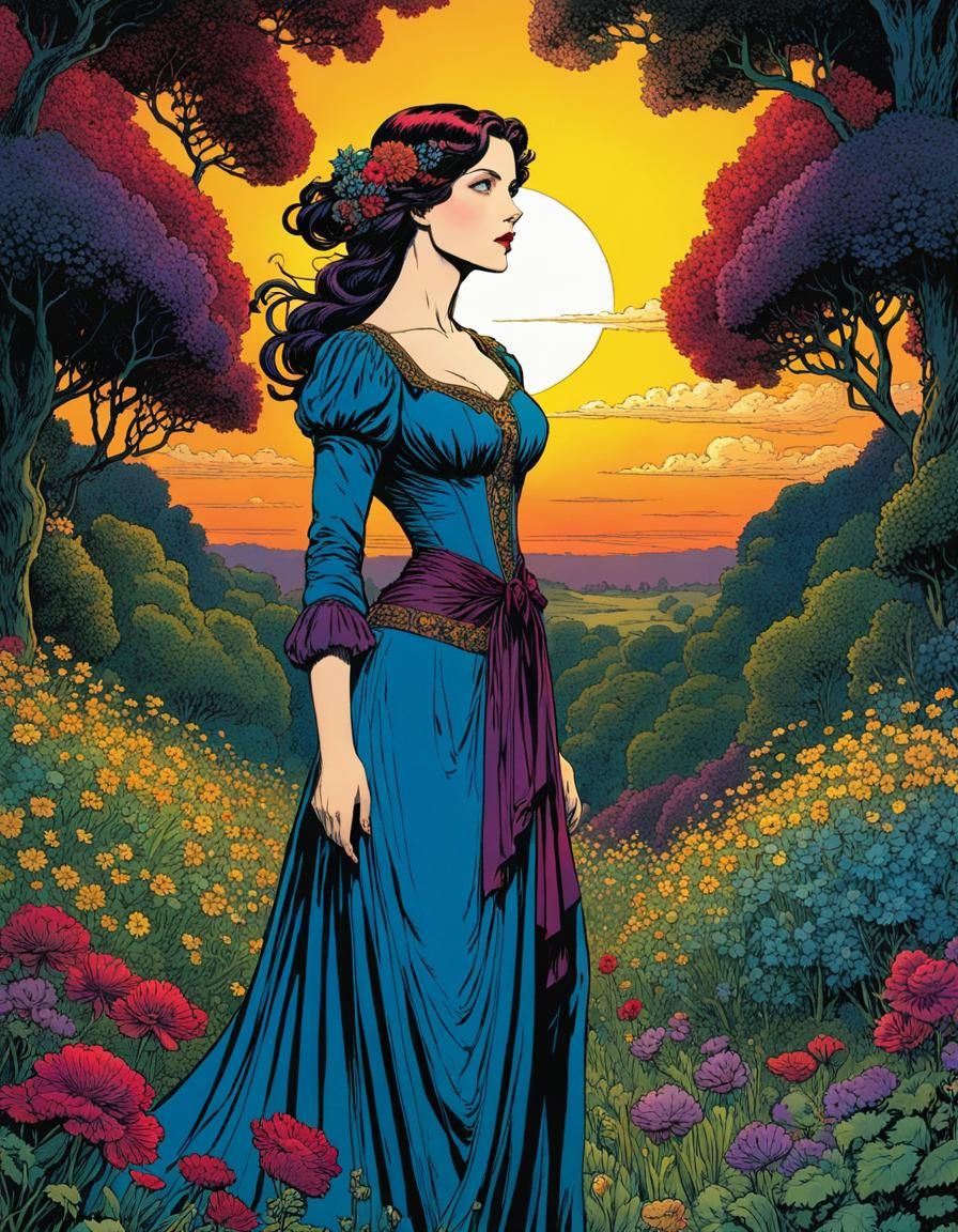Sunset Glade: Woman in Jewel Tones, Graphic Novel Style