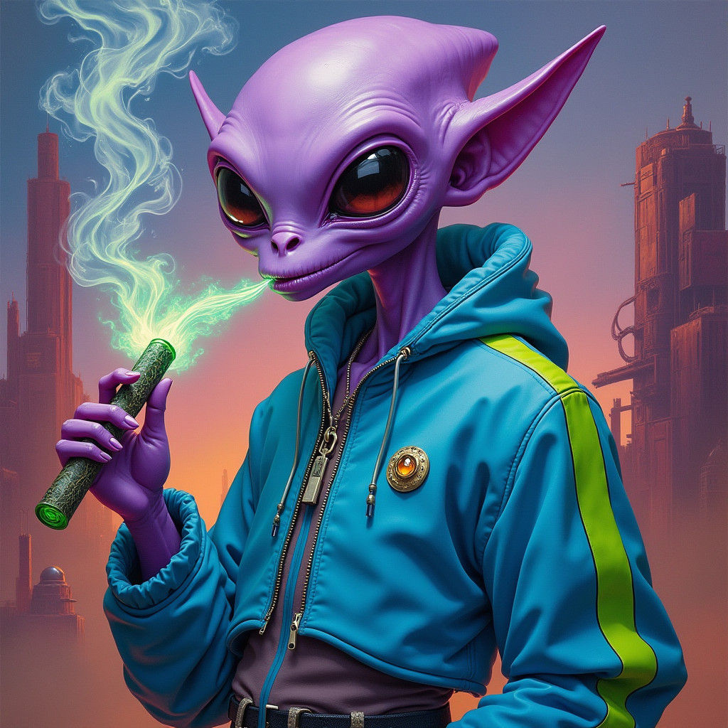 Violet Alien Exhaling Smoke in Surreal Sci-Fi Landscape