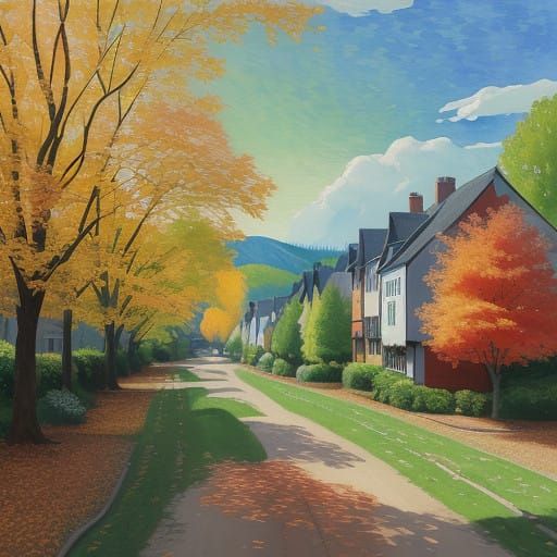 Vibrant Autumn Village Scene in Impressionist Style
