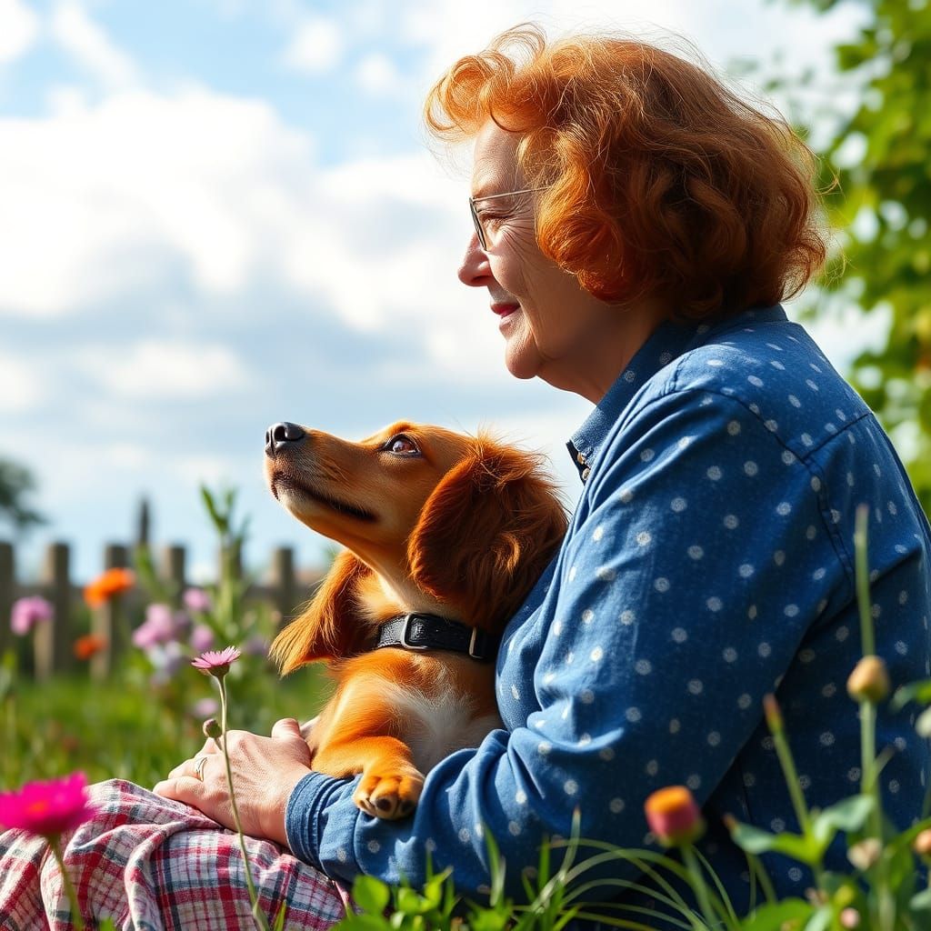 Woman and Curly-Haired Dachshund Admire Garden Sky