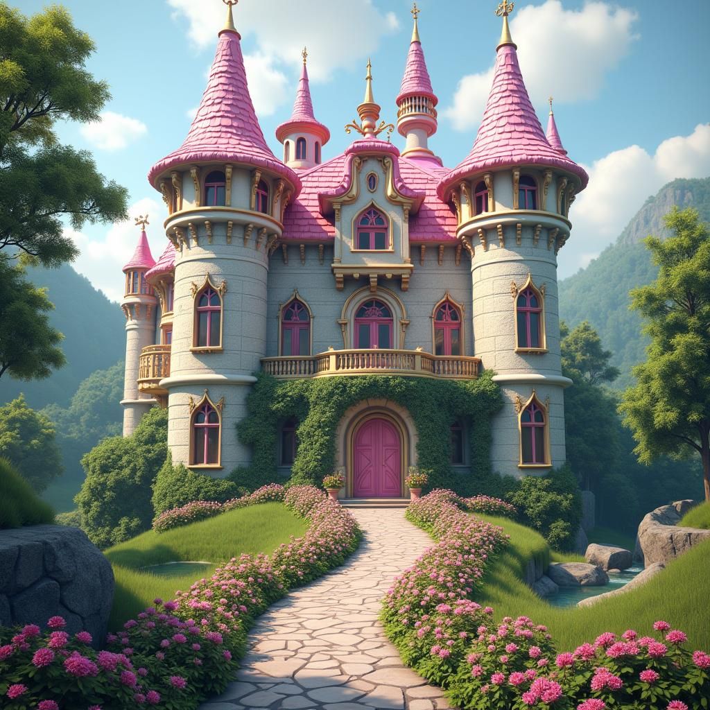 Fairy Tale Castle with Pink Turrets and Flower Path