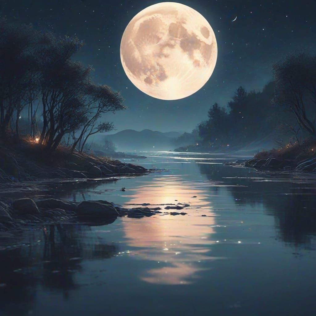Dreamy Watercolor: Moon Melts into River
