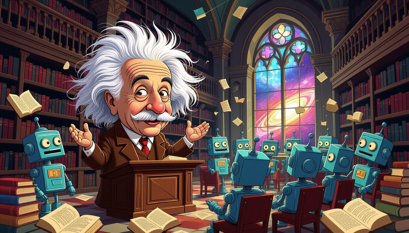 Einstein Caricature Lectures Robots in Surreal Library