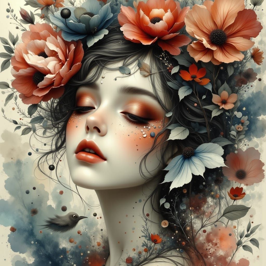 Surreal Floral Portrait in Watercolor Style