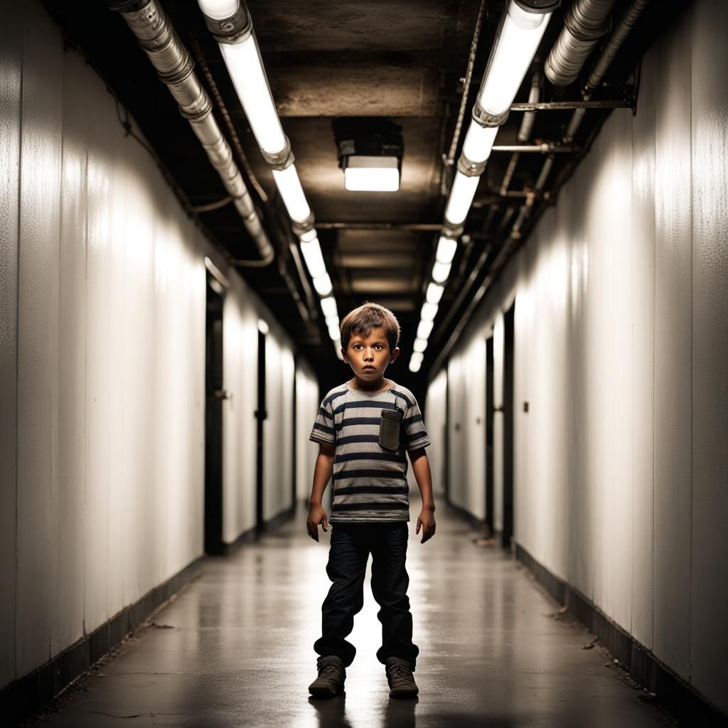 Scared Boy in Dark Underground Tunnel