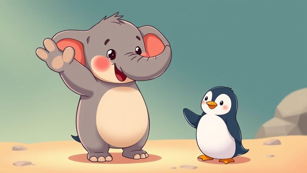 Anime Style Elephant Waves to Cartoon Penguin