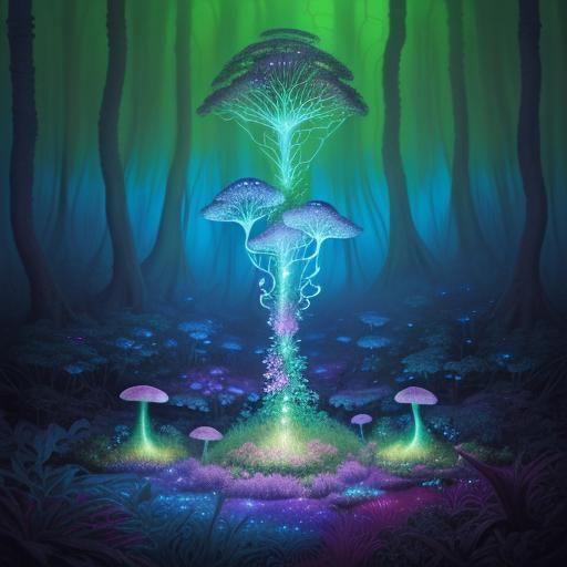 Surrealism. Medium shot. A person with vibrant, blooming flowers sprouting from their skin and clothes, hallucinating in...