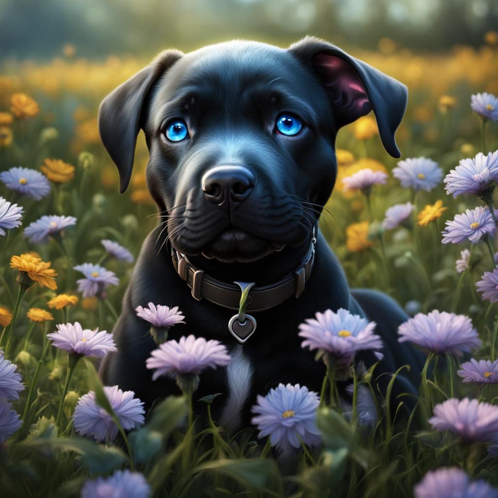Icy Blue Eyed Pitbull Puppy in Flower Field