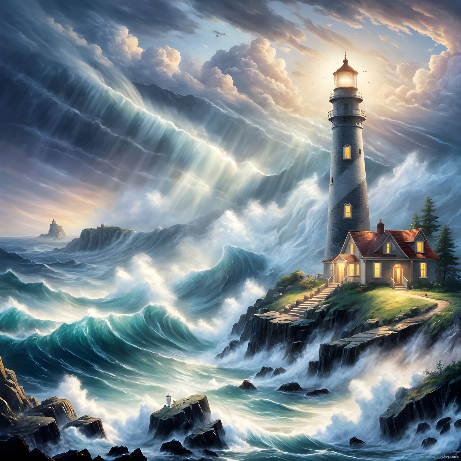 Lighthouse on Cliff in Stormy Sea